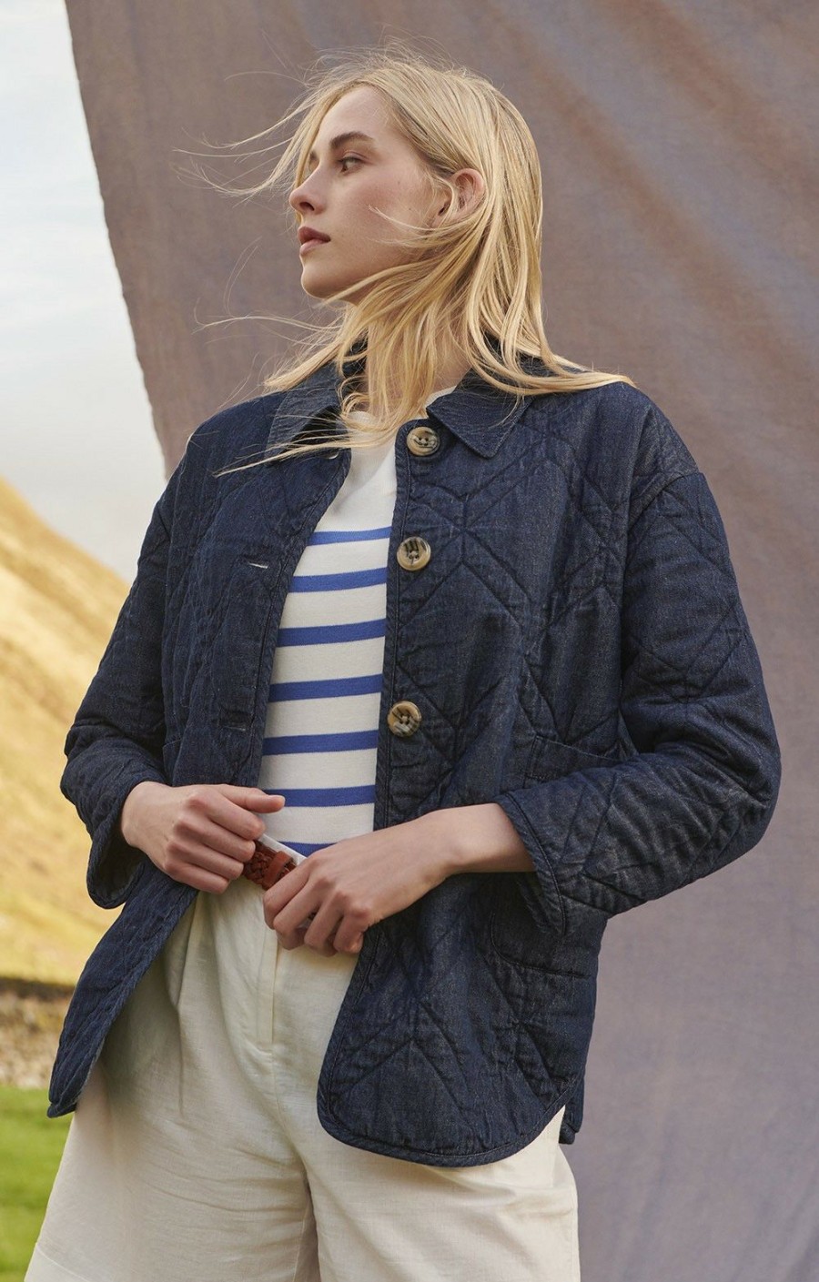 Ladieswear * | Ladies Barbour Denim Barrhead Quilted Shacket Dark Wash/Dress Indigo