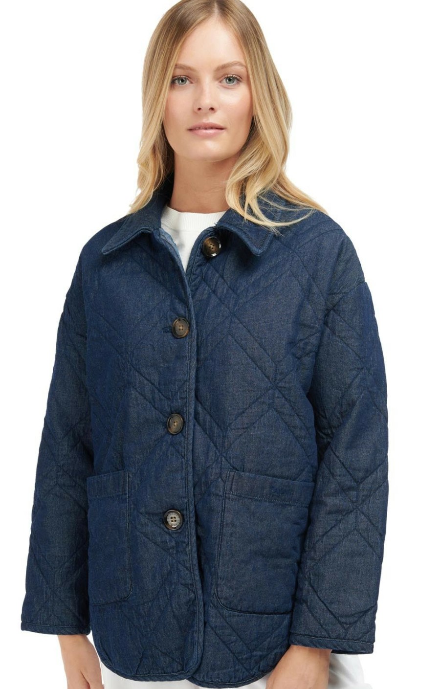 Ladieswear * | Ladies Barbour Denim Barrhead Quilted Shacket Dark Wash/Dress Indigo