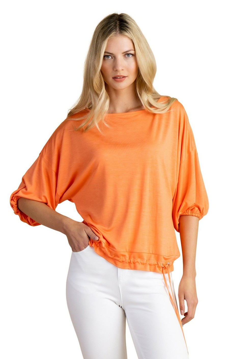 Ladieswear * | Ladies Marble Puff Sleeve Wide Neck Top Orange