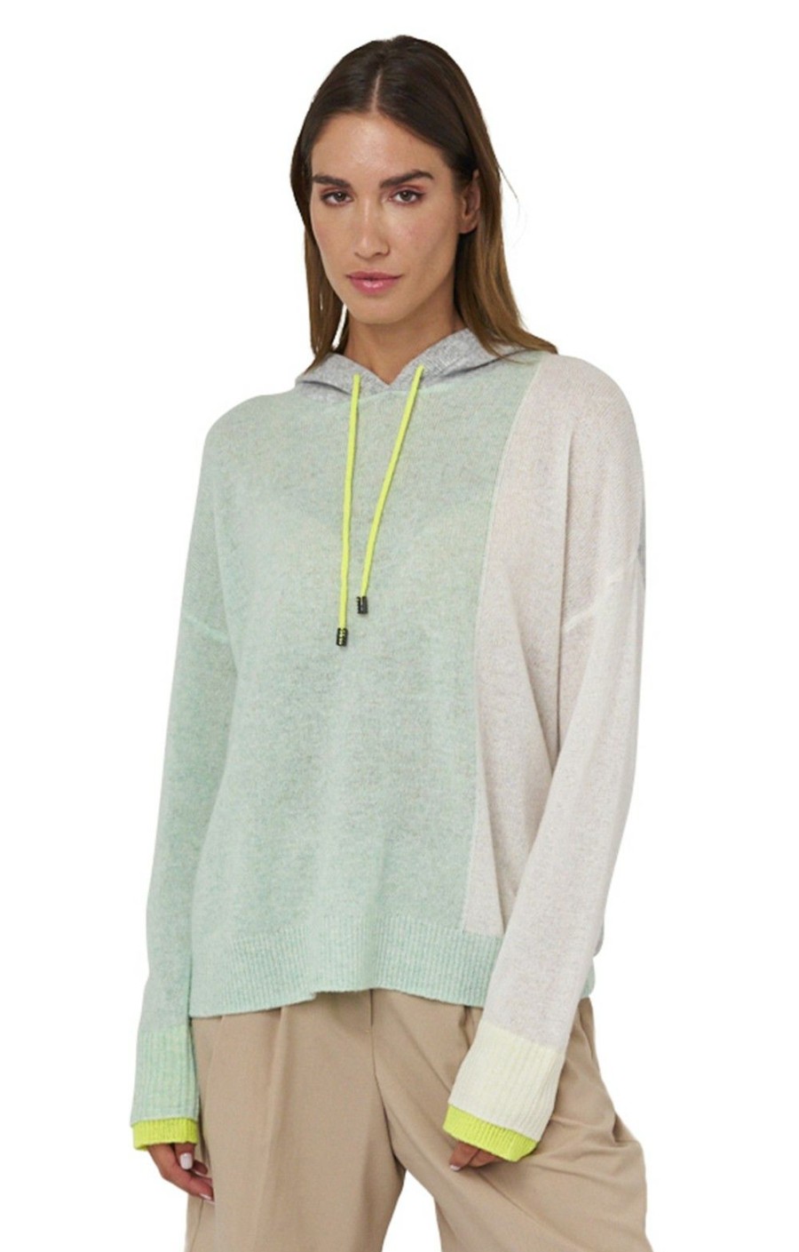 Ladieswear * | Ladies Double Cuff Colour Block Hoodie Apple Mist