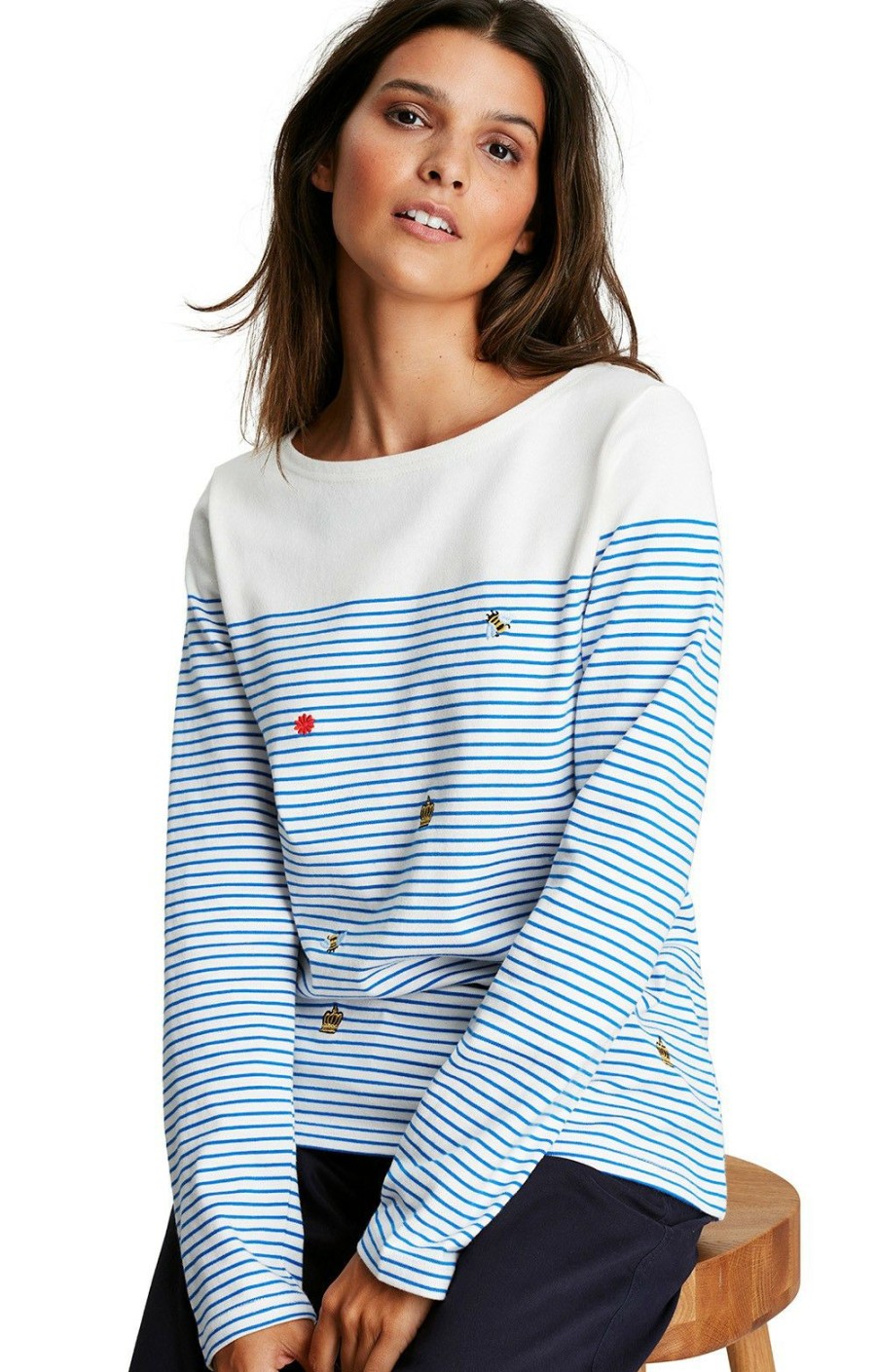 Ladieswear * | Ladies Joules Harbour Embroidered Top Bee Stripe Embrdry