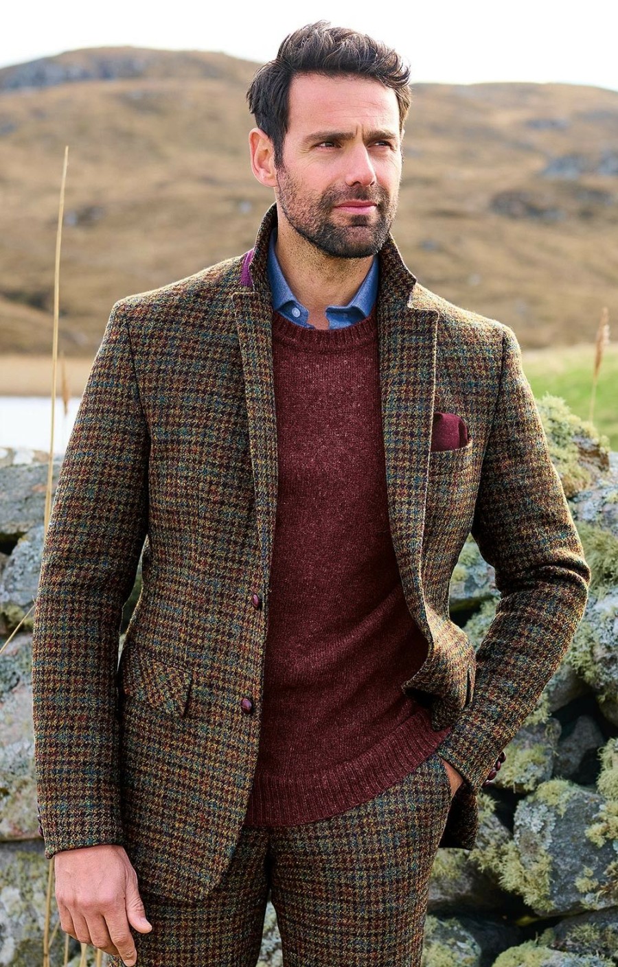 Menswear * | Men'S Harris Tweed Jacket Loden/Wine Gunclub