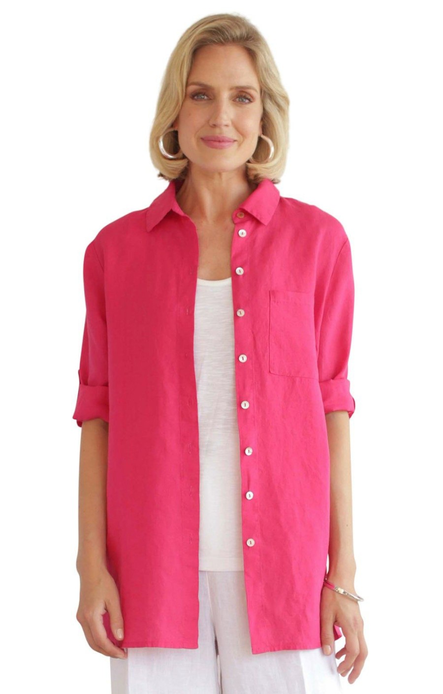 Ladieswear * | Ladies Pomodoro Linen Shirt Bright Pink