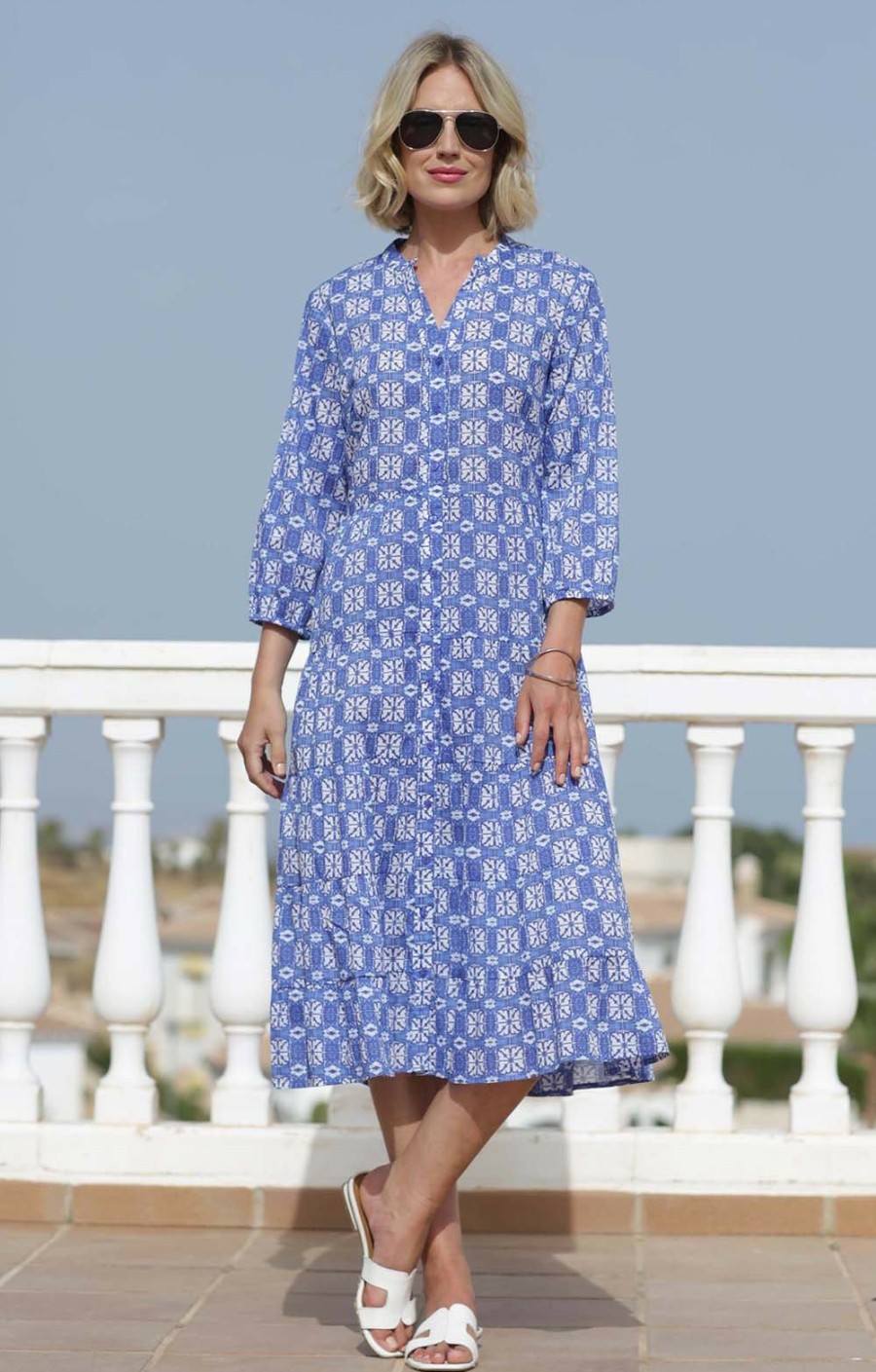 Ladieswear * | Ladies Pomodoro Batik Shirt Dress Pacific