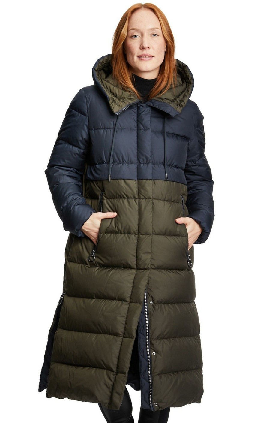 Ladieswear * | Ladies Betty Barclay Two Tone Long Quilted Coat Dark Blue/Khaki