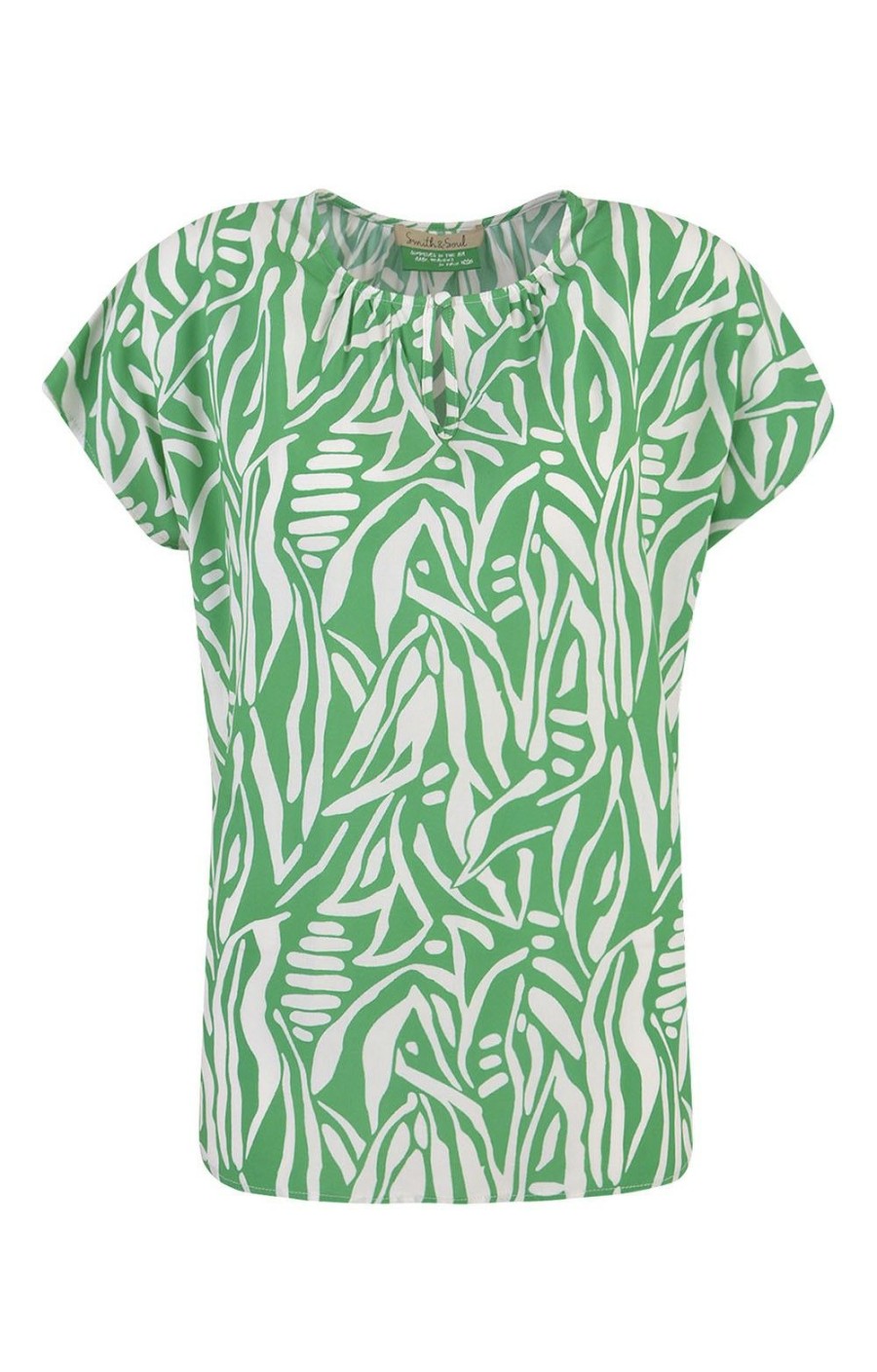 Ladieswear * | Ladies Cap Sleeve Button Neck Top Green Print