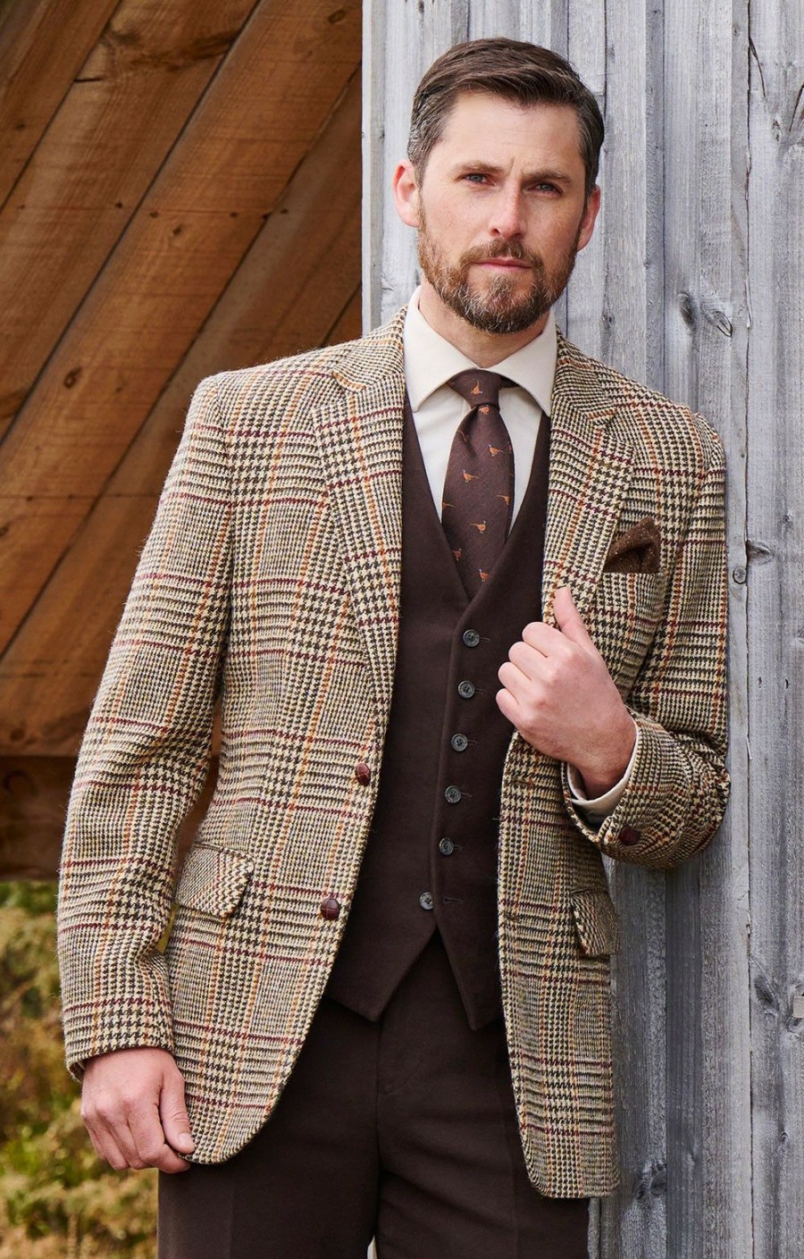 Menswear * | Men'S Harris Tweed Jacket Loden Spice Prince Of Wales