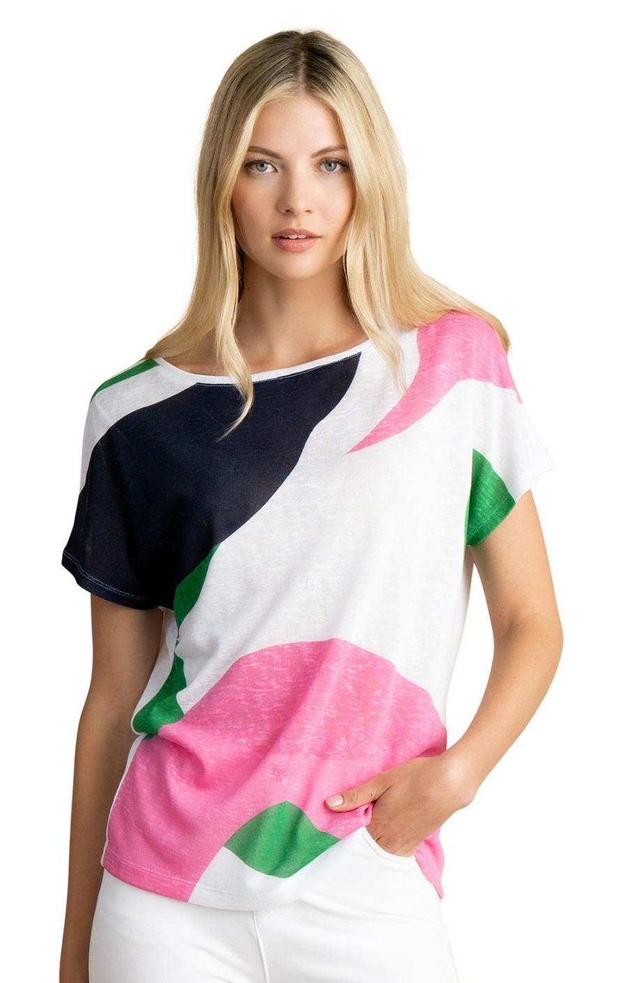 Ladieswear * | Ladies Marble Wide Neck Short Sleeved Top Pink/Green/White/Navy