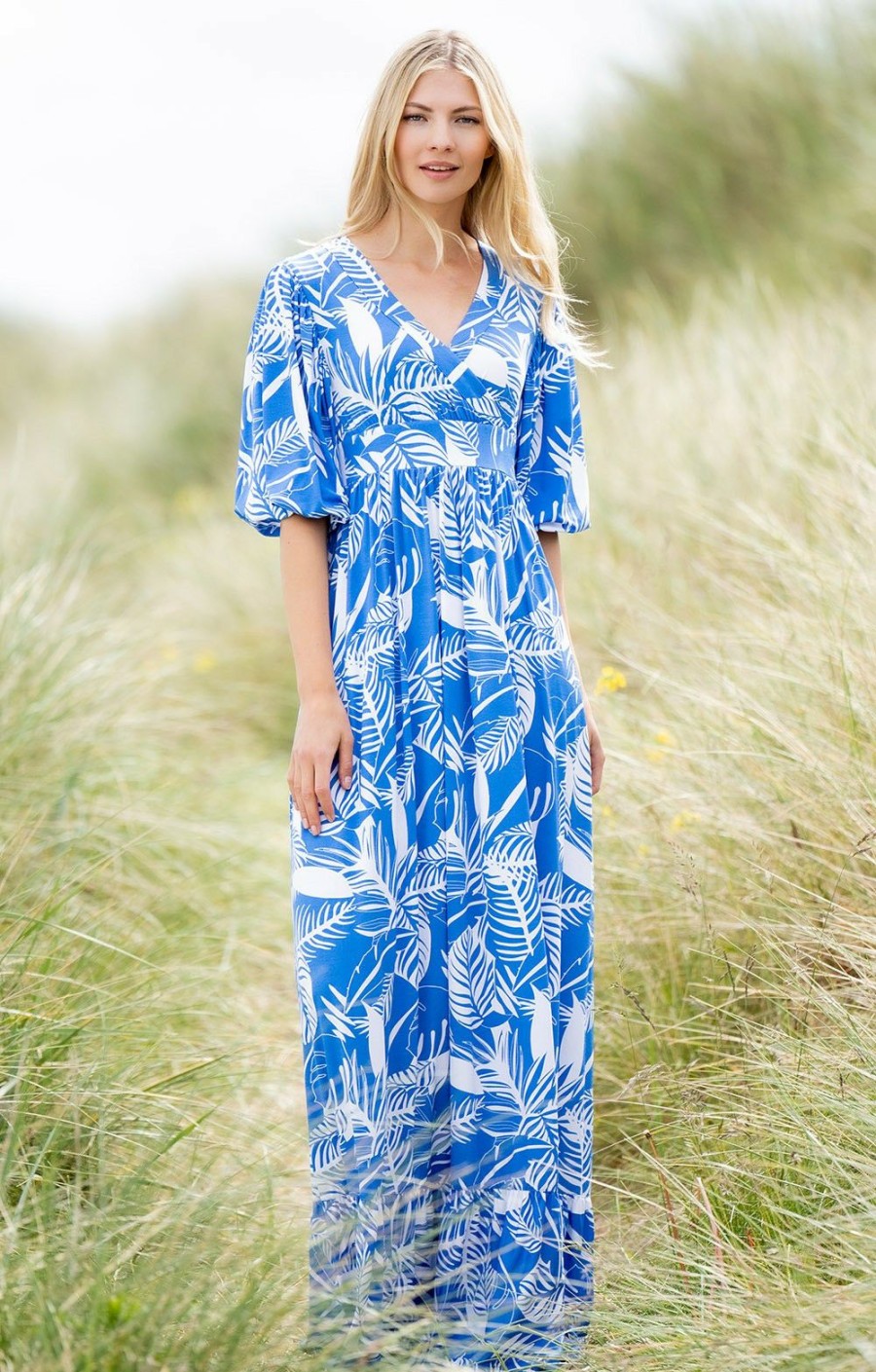 Ladieswear * | Ladies Marble Flared Maxi Dress Blue/White