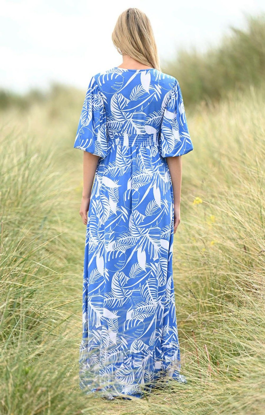 Ladieswear * | Ladies Marble Flared Maxi Dress Blue/White