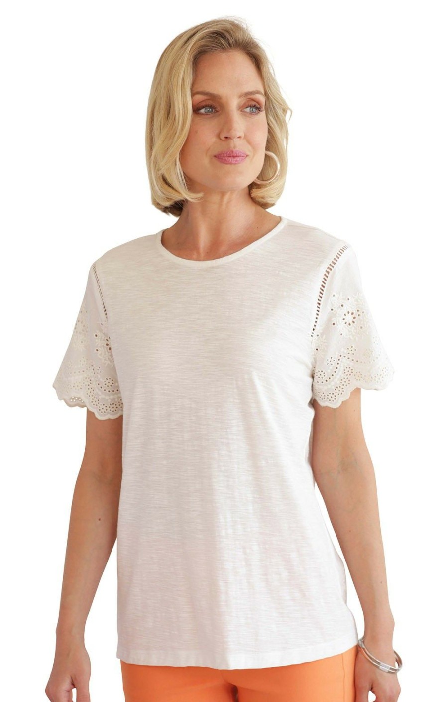 Ladieswear * | Ladies Pomodoro Broiderie Anglaise T-Shirt Ecru