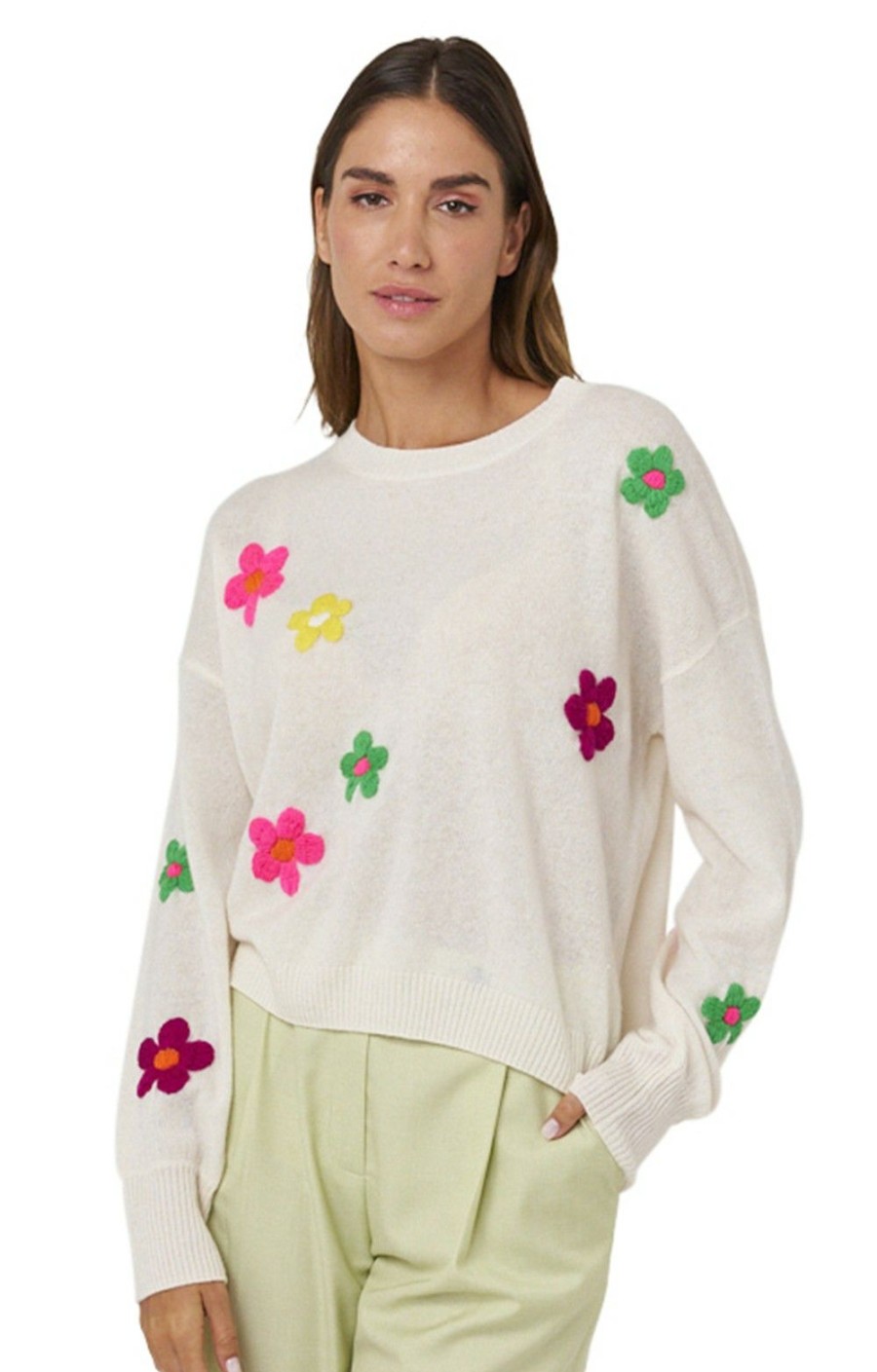 Ladieswear * | Ladies Polly Floral Crew Neck Sweater Organic White