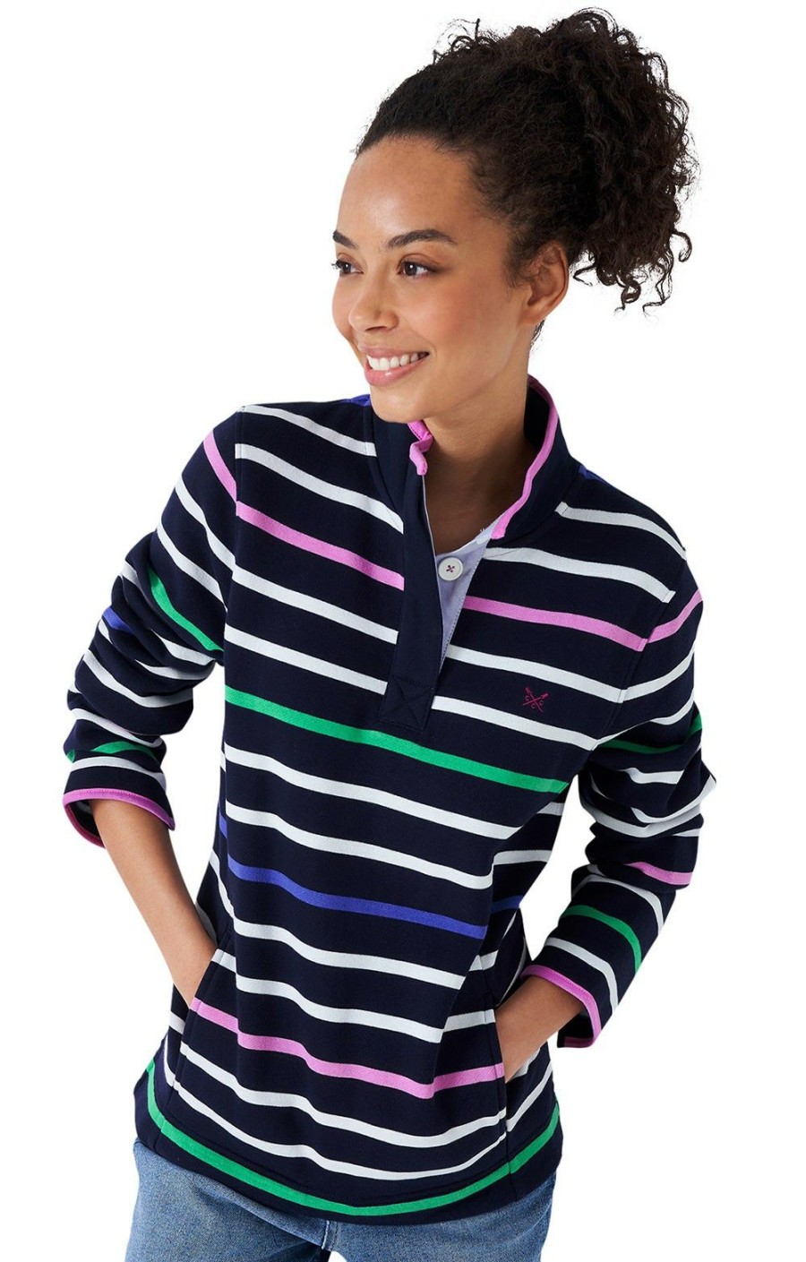 Ladieswear * | Crew Clothing 1/2 Button Sweater Navy/Multi Stripe