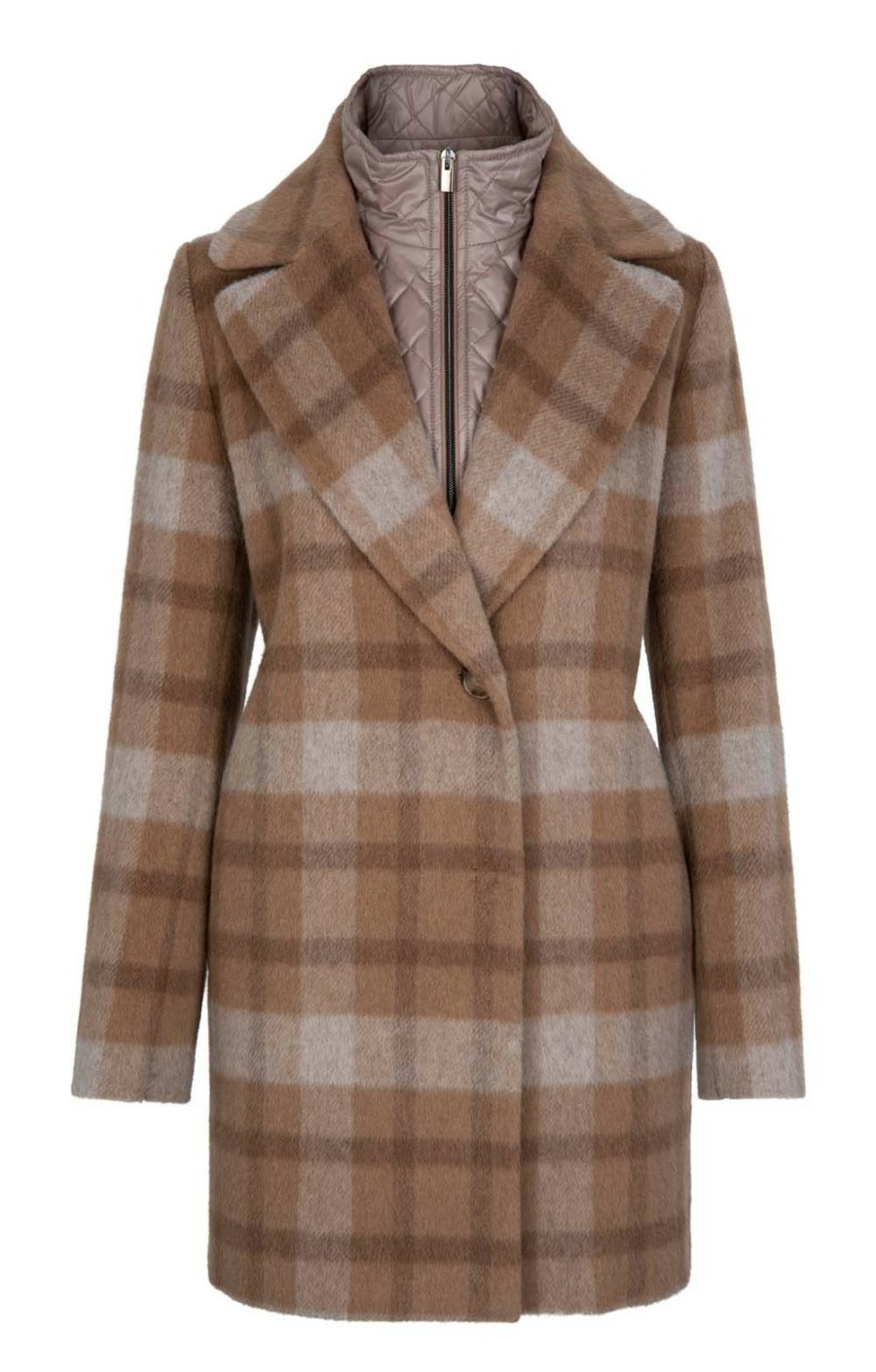 Ladieswear * | Ladies Cinzia Rocca Check Coat With Quilt Inset Camel